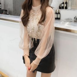 Shirts Fall Blouses Long Lantern Sleeve Top Women 2021 Korean Kawaii Elegant Chic Sexy Cute Sweet Mesh Sheer Sequins Baggy Basic Shirt