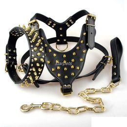 Dog Collars & Leashes Cool Spiked Studded Leather Dog Harness Rivets Collar And Leash Set For Medium Large Dogs Pitbl Bldog Bl Terrier Dhatr