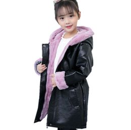 Winter Faux Leather Coat for Girls PU Leather Hooded Overcoat Plus Velvet Jacket Waterproof Outerwear for Kids 313Years1520742