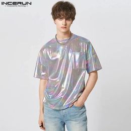 Men T Shirt Shiny O-neck Short Sleeve Streetwear Loose Fashion Camisetas Summer Pockets Party Casual Tee Tops S-5XL INCERUN 240220