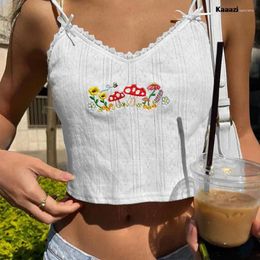 Women's Tanks KAAAZI Sleeveless Straps Slip Crop Top Mushrooms Embroidery Graphic Lace Patchwork Summer Short Style Streetwear Women Fashion