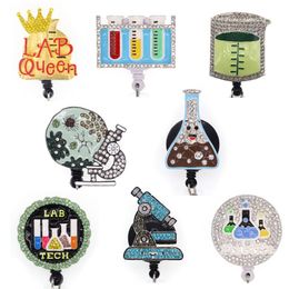 Custom Key Rings Rhinestone Science LAB Medical Nurse ID Card DIY Retractable Badge Holder Reel With Alligator Clip305C