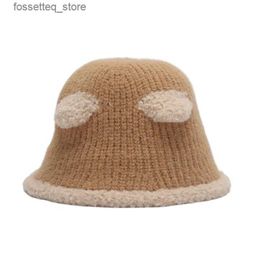 Wide Brim Hats Bucket Hats Women Bucket Hat Knitted Plush Bear Ears Cartoon Cute Thickened Warm Ear Protection Winter Fisherman C Female Outdoor Casual L240305