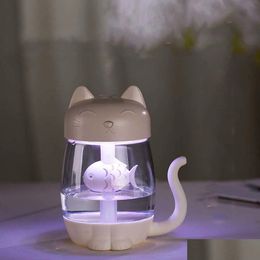 Night Lights Brelong Led Cat Humidifier Night Light Indoor Color Atmosphere Mticolor Cartoon Glowing Toy White Pink Blue Purple Drop D Dhuhu