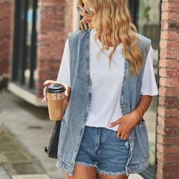 Women's Vests Retro Oversized Denim Vest Women Sleeveless Jacket Streetwear Pocket Fashion Coat Waistcoat Casual