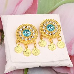 Brooches Blue Crystal Jewellery Brooch Gold Plated Turkish Coin Pin For Bridal Kurdish Wedding Accessory Cute Gifts Girl