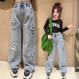 Fashion Teenager Girls Denim Wide Leg Pants Children Trousers Spring Autumn Star Pattern Girls Jeans 5-14 Years Kids Clothes 240228