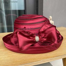 Wide Brim Hats Bucket Hats Womens Wide Brim Organza Sun Hat Elegant Big Bow Kentucky Dey Hat For Women La Church Wedding Hat Floppy Summer Beach C L240308