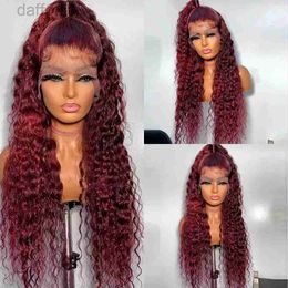 Synthetic Wigs Curly Human Hair Wigs Wine Red Brazilian Remy Deep Wave Full Lace Front Synthetic Wig 180% Pre Plucked 240308