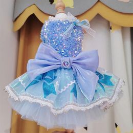 Dog Apparel High-end Fashion Shining Blue Bow Party Princess Dresses For Small Medium Dogs Luxury Pearl Sequin Lace Pet Clothes Skirts