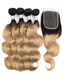 1B 27 Ombre Honey Blonde Hair Bundles With Closure Indian Body Wave Hair Extensions 4 Bundles With 4x4 Lace Closure Remy Human Hai4739463