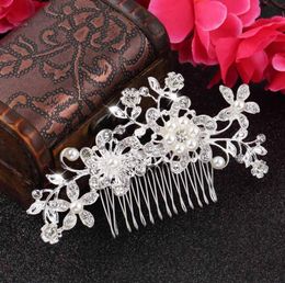 Whole1pc Floral Wedding Tiara Sparkling silver plated Crystal simulated pearl Bridal Hair Combs Hairpin Jewelry Hair Accessor9245786