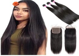 Brazilian Straight Hair Weave 3 Bundles With Closure 44 Natural Colour Jet Black Human Hairs Weave Non Remy Extension6700715