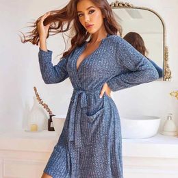 H Women's Sleepwear Women Home Clothes Nightgown Striped Bathrobe Elastic Pockets Knee Length Robes Intimate Lingerie Sexy Lace Up Kimono