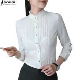 Shirts Spring Fashion Women Clothing Long Sleeve White Blouses Formal Slim Lace Stand Collar Chiffon Shirt Office Ladies Tops