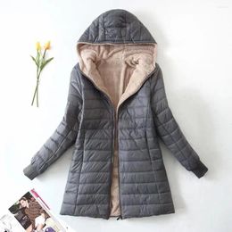 Women's Trench Coats Winter Mid-Length Hooded Cotton Jacket Women Lightweight Plush Lining Solid Ladies Parka Loose Female Zipper Keep Warm