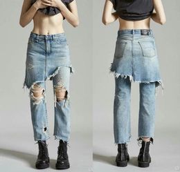 Stylish Irregular Demin Jeans Skirt Pants Ripped Bleached Hole Washed Zip Pocket Casual Street Women Slim Trousers femme4281926