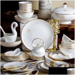 Dishes & Plates Plates European Style Complete Tableware Set Bowl Bone China Luxury Wedding Pratos De Jantar Dinner Service Drop Deliv Dh18W