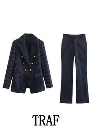 TRAF 2023 Woman 2 Pieces Fashion Pinstripe Double Breasted Blazer Jacket Coat Tops + Slim Long Pants Causal Commute Sets