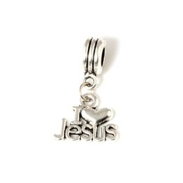 MIC 50pcs lot Dangle Ancient silver I Love Jesus Religious Charm Big Hole Beads Fit European Charm Bracelet Jewellery 22749