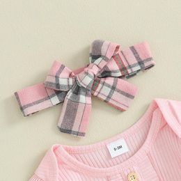 Clothing Sets Baby Girls Fall Outfits Solid Colour Crew Neck Buttons Long Sleeve Rompers Plaid Pants Headband 3Pcs Clothes Set