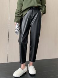 2023 Autumn Winter Leather Pant Korean Fashion High Elastic Waist Black Color Harem Trousers Female Pantalones 240229