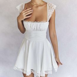 Womens Summer Lace Dresses Square Collar Suspender Skirt Slim Fit Backless White French Dress