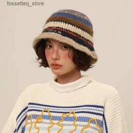 Wide Brim Hats Bucket Hats Winter Korean Handmade Crochet Striped Bucket Hat Women Retro Contrast Colour Warm Fisherman Hat Girl Fashion Knitted Beanies Hat L240309