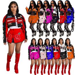 Varsity Detachable Coats Letter Printed Racing Button Up Bomber Jackets Autumn Winter Streetwear Fitness Skirt Matching Set 240227