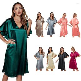 Women's Sleepwear V-Neck Short Sleeved Pajama For Women Imitation Silk Solid Color Satin Female Home Nightdress Simple Loose Thin