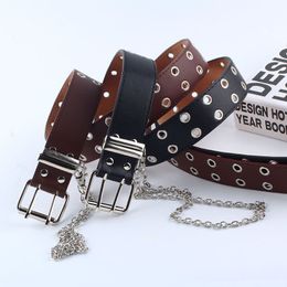 Women Punk Chain Fashion Belt Adjustable Black Double Single Eyelet Grommet Leather Buckle Belt182L