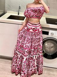 Work Dresses Retro Summer Red Blue And White Porcelain Camisole Jacket High Waist Big Skirt Two-piece Fashion Suit