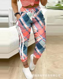 Women's Pants Colourful Printed Plaid Sweatpants Chic Fashion Summer Daily High Style Form-fitting Casual Woman Lacing Pleated Decoration