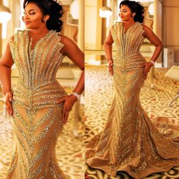 2024 Aso Ebi Gold Mermaid Prom Dress Sequined Lace Beaded Evening Formal Party Second Reception 50th Birthday Engagement Gowns Dresses Robe De Soiree ZJ127