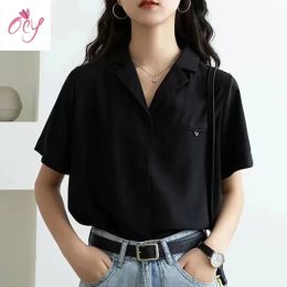Shirt Chiffon Black Short Sleeve TShirt Design Vacation Casual Korean Fashion Beautiful Woman Blouse Summer 2022 New Women Clothing