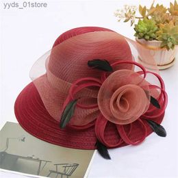 Wide Brim Hats Bucket Hats Big Flower Summer Sun Hat For Women Luxury Feather Blue Pink Bucket Hat Organza Ladies Beach Hat For Female Solid Feather C L240308