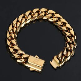 Hip Hop Rock Jewelry Free Custom Name 18K Gold Plated Miami Cuban Link Chain Stainless Steel Bracelet For Men 240226