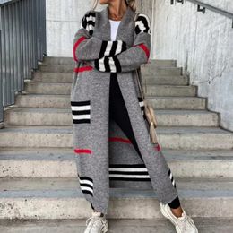 Spring Knitted Cardigan Women Striped Patchwork Autumn Winter Elegant Long Outerwear Maxi Y2k Sweater Coat Soft Jacket 240227