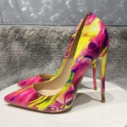 Dress Shoes Sexy Night Club Thin Heel 12cm Glossy Colorful Print Women Pointed Toe High Heels Ladies Slip On Stilettos Pumps