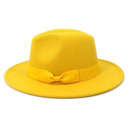 yellow bowknot fedoras wide brim hat Panama felt jazz church top cap british women hats for men 240219