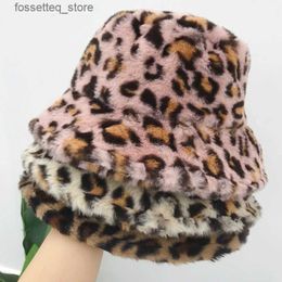 Wide Brim Hats Bucket Hats Winter Bucket Hat Womens Fashion Leopard Panama Warm Hats Female Vintage Faux Fur Fisherman C Hats For Women L240305