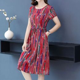 Dress Summer New Cotton Silk Round Neck Lacing Decoration Short Sleeve Multielement Print Loose Pockets Knee Length Dress for Women