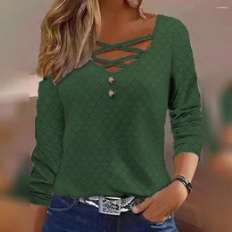 Women's Blouses Women Blouse V Neck Soft Pullover Loose Lady T-shirt Top Stylish Hollow Out Button Decor Female