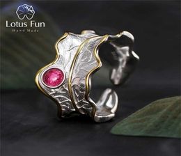 Lotus Fun Real 925 Sterling Silver Ring Natural Tourmaline Gemstones Fine Jewellery Adjustable Peony Leaf Rings for Women Bijoux 2201189185