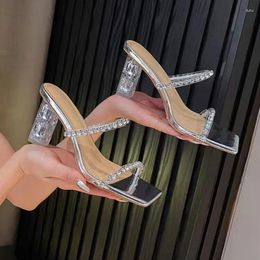 Slippers 2024 Rhinestone Women Transparent High Heels Shoes Fashion Sexy Feminino Square Toe Open Heel Ladies Sandals Zapatos Mujer