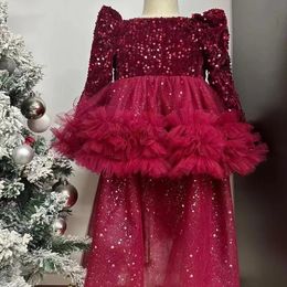 Sequined Kids Dresses For Teenager Girl Bridesmaid Flower Girls Children Wedding Birthday Party Princess Red Bling Ruffled Communion Dress 403