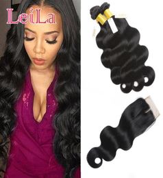 Brazilian Virgin Hair 3 Bundles With 4X4 Lace Closure Baby Hair 828inch Bundles With Closure Body Wave Natural Colour Dyeable Huma2231064