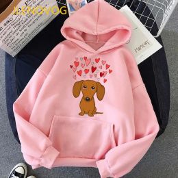 Sweatshirts Cute Dachshund Dog Love Cartoon Print Hoodies Women Clothes 2021 Funny Sweatshirt Femme Harajuku Kawaii Winter Tracksuit