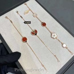 100 % Silber, rote Liebe, Damen-Designer-Charm-Armbänder, 4/vierblättriges Kleeblatt, Roségold, Marienkäfer, Kirsche, 5 Motive, Herz-Armband, Schmuck, Glück für Mädchen