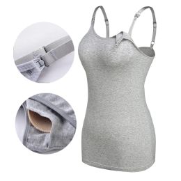 T-Shirt Maternity Women Nursing Cami Tank Tops for Breastfeeding Camisole Pregnant Buildin Bra Removable Pads Casual Cotton Vest Top